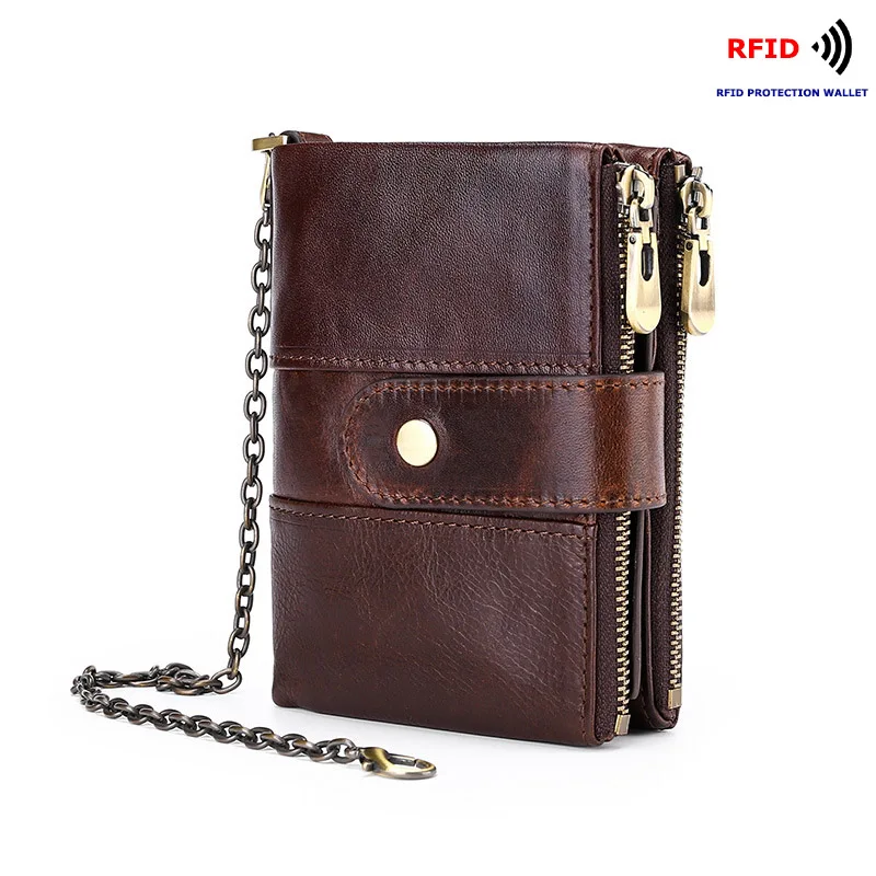 

Vintage Genuine Leather Wallet Men Rfid Card Holder Crazy Horse Wallets Double Zipper Coin Purse Short Male Mini Walet Small Bag