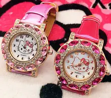 Top Fashion Brand Hello Kitty Quartz Watch Children Girl Women Leather Crystal Wrist Watch Wristwatch Cut Lovely