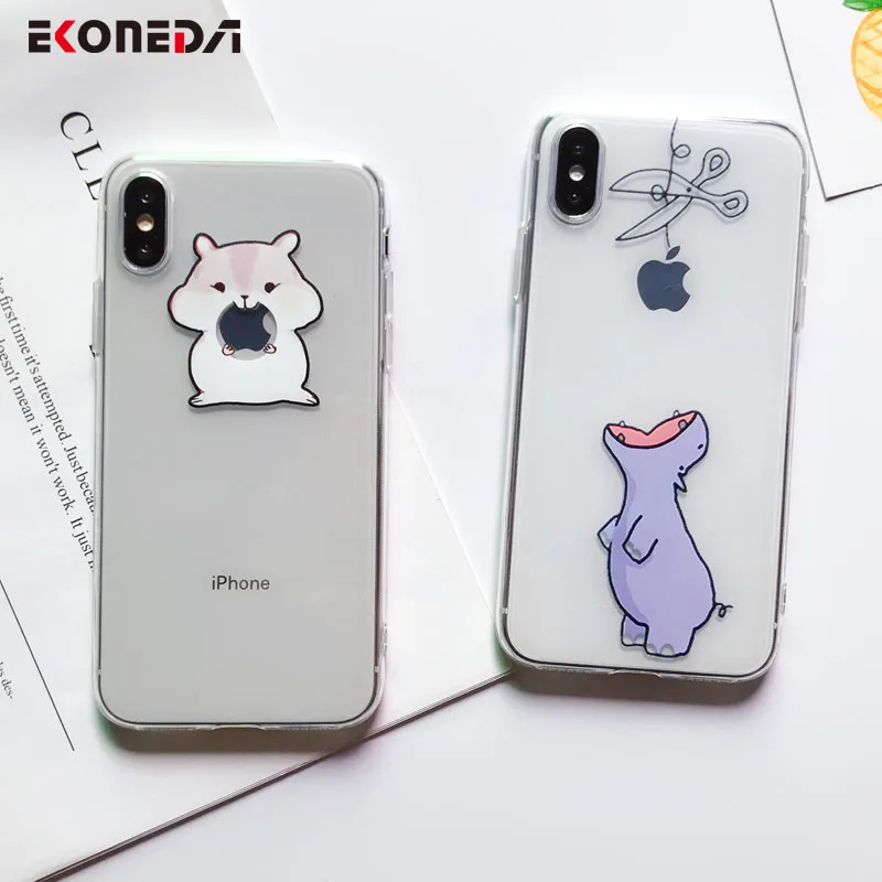 EKONEDA Silicon Funny Cartoon Animal For iPhone XS Max X 7 6S Case Transparent Cat Dinosaur Spoof Logo For iPhone 7 8 6S 6 Case