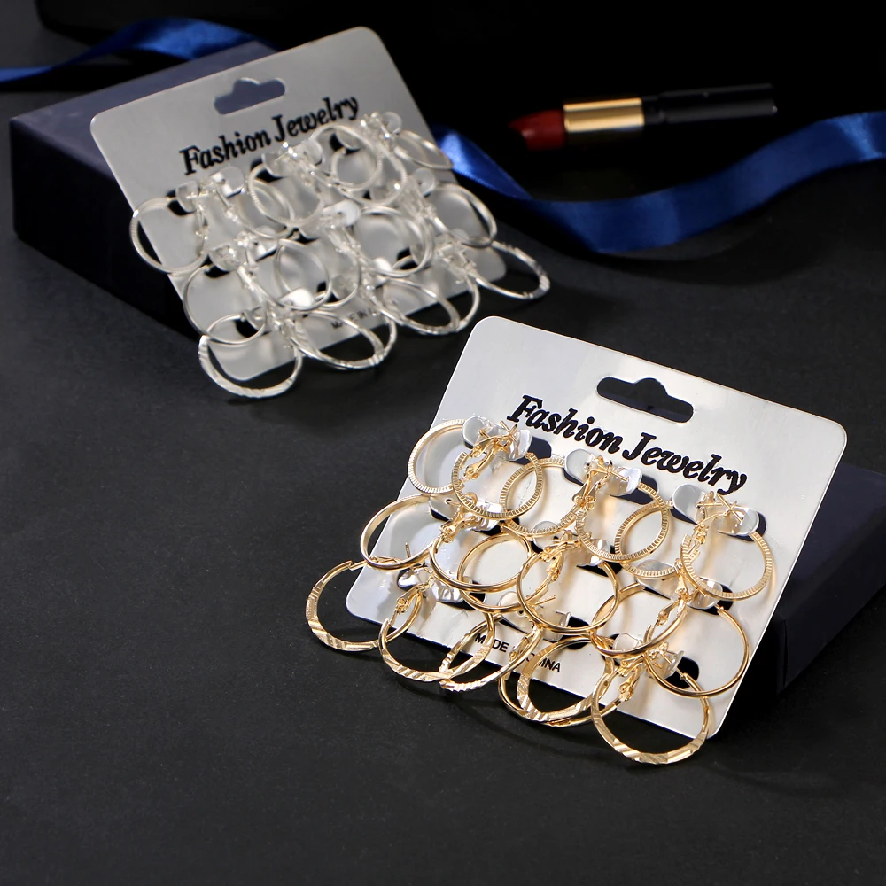

Women 9 pair/set Geometric Round Punk Hoop Earrings Set Gold Silver Color Twist Earring Party Jewelry For Women