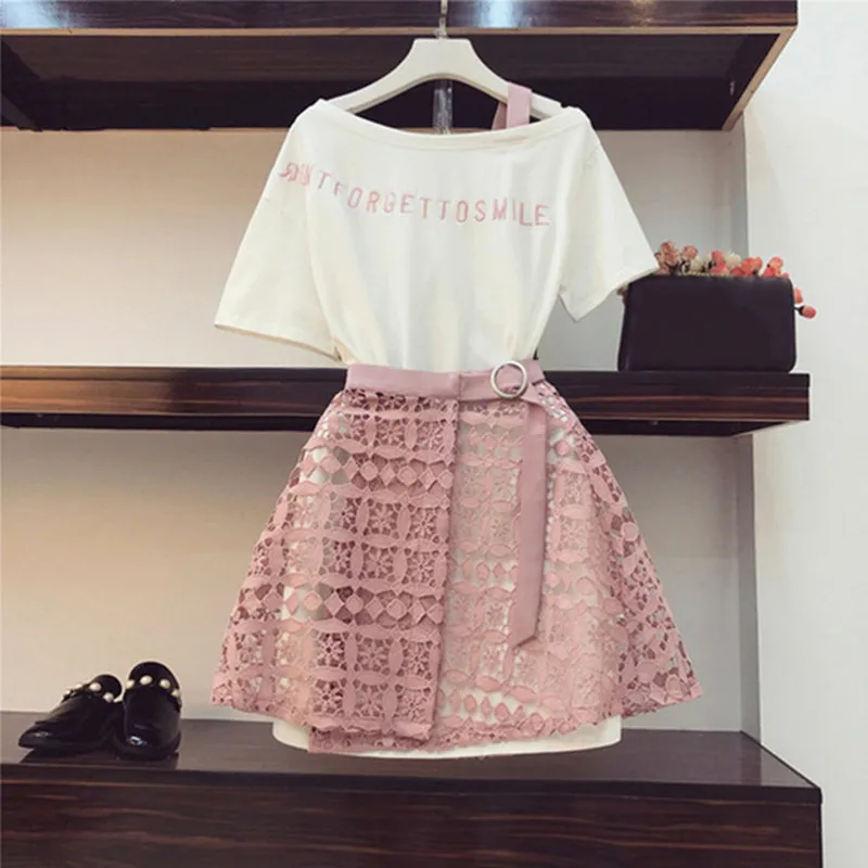 

2019 Spring Summer Women Fashion 2 Piece Suit Slash Collar Off Shoulder Long T Shirt & Hollow Out Lace Skirt Suits Skirts Set