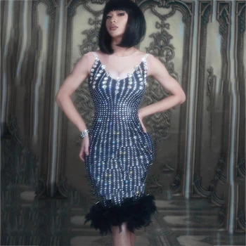 

New Fashion Sparkly Rhinestones Feather Stretch Nightclub Dance Dress Evening Celebrate Party Costume Prom Birthday Wear DT548