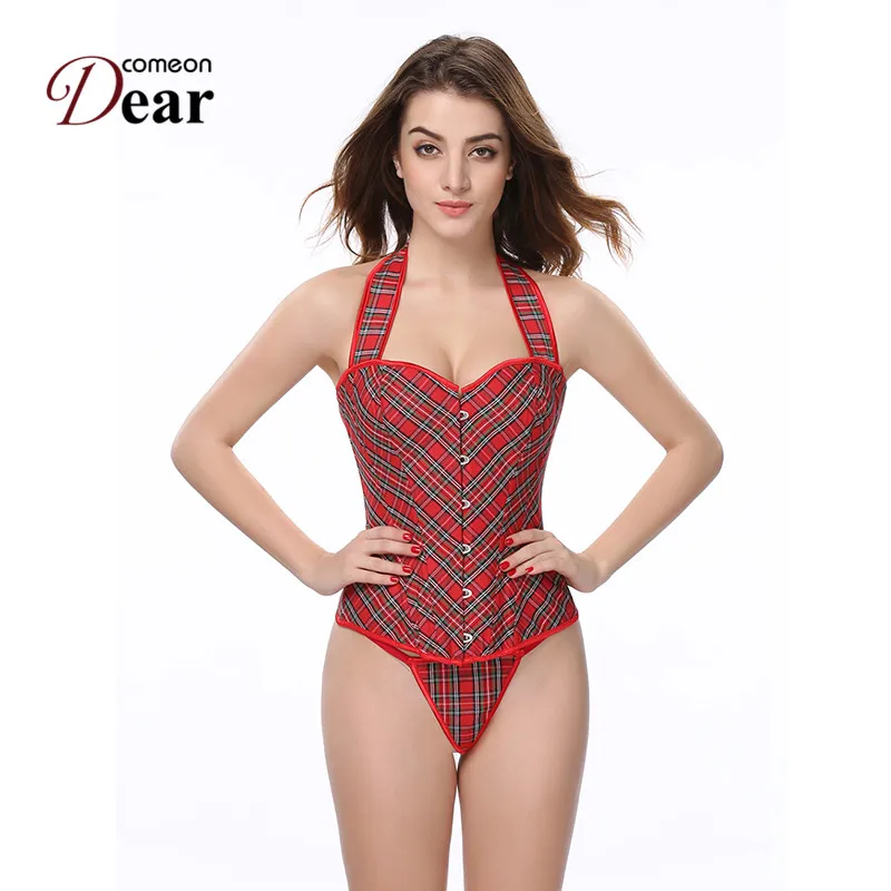 

Comeondear Halter Korsett For Women Red Plaid Body Shaper Overbust Outfit Bustier Femme Off Shoulder Waist Shapewear Corset 2716