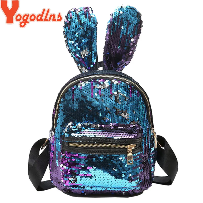 Yogodlns женский рюкзак с блестками с милыми заячьими ушками, двойная сумка на плечо, мини-рюкзаки для девочек, ранец для путешествий с блестками