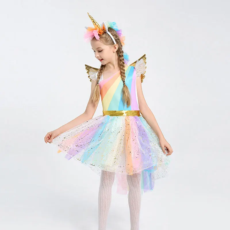 Платье с единорогом для девочек, детское платье-пачка с радугой и блестками для свадебной вечеринки, карнавальный костюм для девочек