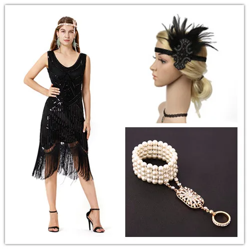 

XS-3XL 1920s Gatsby Sequin Fringed Paisley Flapper Dress with 20s Accessories Set