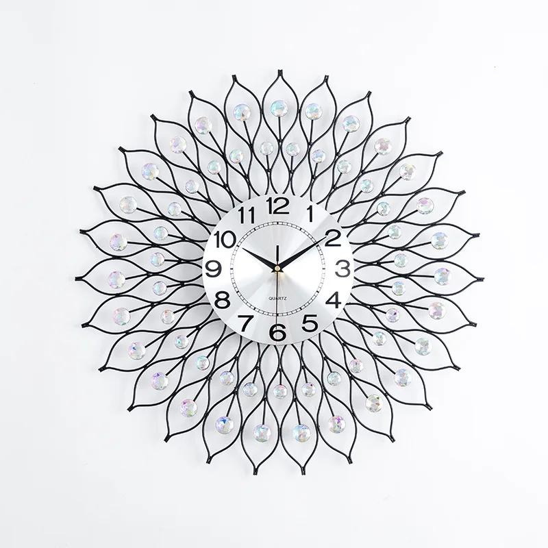 Европейские Большие настенные часы, современный дизайн, украшение для гостиной, кристалл, алмаз и металл, настенные часы, домашний декор, серебро, 60 см
