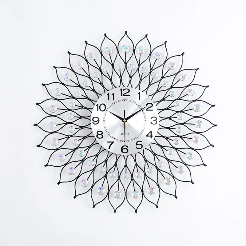 

European Large Wall Clock Modern Design Living Room Decoration Crystal Diamond & Metal Clocks Wall Watch Home Decor Silver 60cm