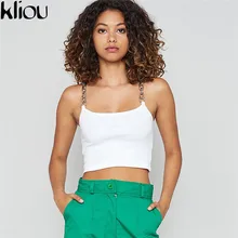 Kliou Женские Простые одноцветные топики с металлической цепью новые модные сексуальные короткие топы женские тренировочные вечерние клубный кроп-топ тройники