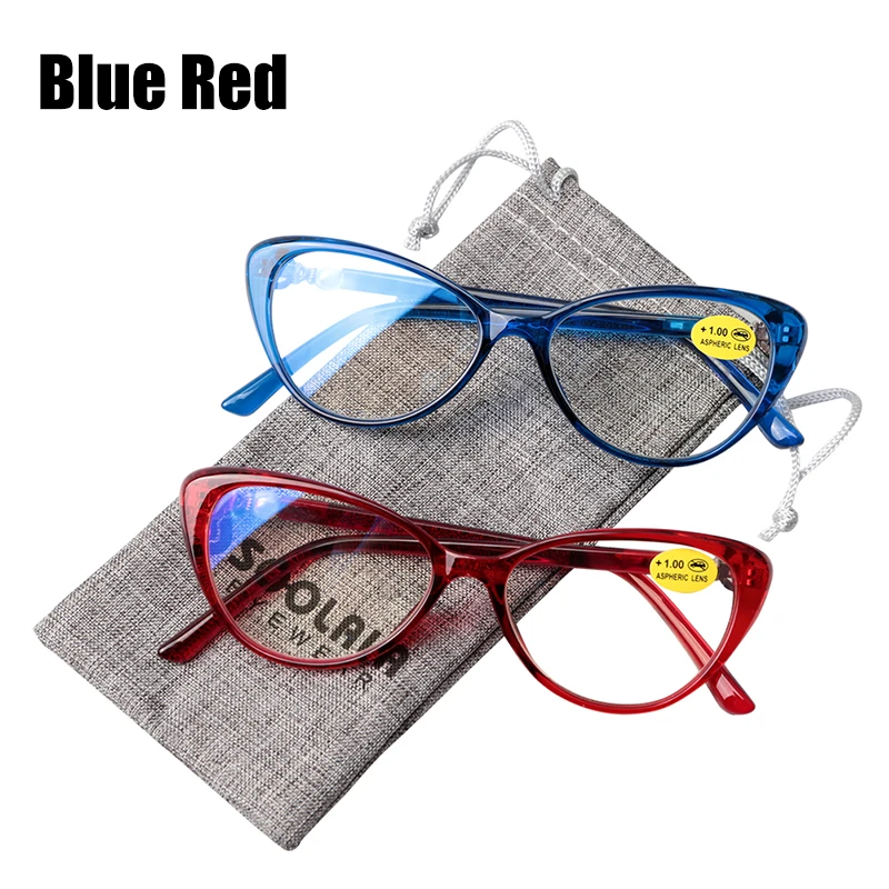 SOOLALA очки для чтения «кошачий глаз» женские w/перламутровые руки асферические линзы с покрытием увеличительные очки Пружинные шарниры очки для пресбиопии - Цвет оправы: Blue Red Mixed