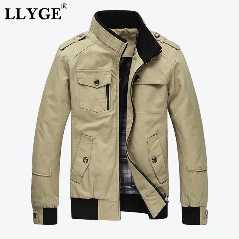 

LLYGE 2018 Autumn Men's Military Jacket Long Sleeve Solid Thin Cotton Jackets Overcoat Man Stand Collar Casual Coat Outerwear