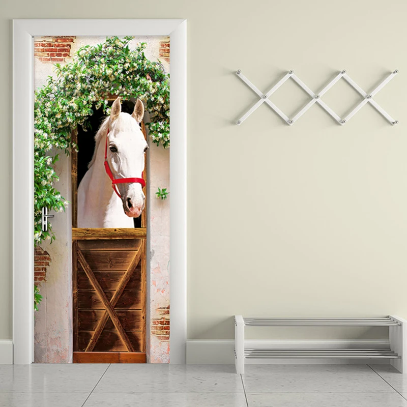 

Modern Creative Door Sticker 3D Wallpaper White Horse Living Room Bedroom Wall Sticker PVC Self Adhesive Waterproof Home Decor