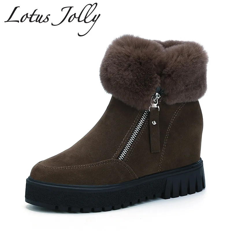 

Women Snow Boots Winter Warm Ankle Boots With Wool Fur Comfort Slip on Shoes Woman Ladies Creepers Thick Soled Khaki Green color