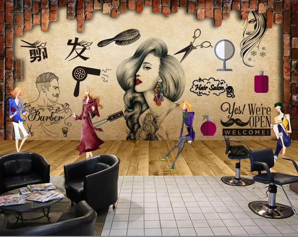 Beibehang Customized 3d wallpaper salon hair salon beauty salon background wall barber shop nostalgic retro makeup 3d wallpaper