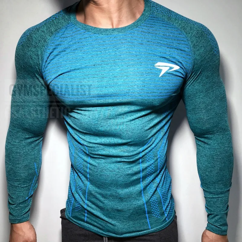 Новинка, брендовая мужская рубашка для бега, с длинным рукавом, для спортзала, мужская спортивная одежда, компрессионная, сухая, подходит для мужчин, для фитнеса, Спортивная футболка - Цвет: Синий