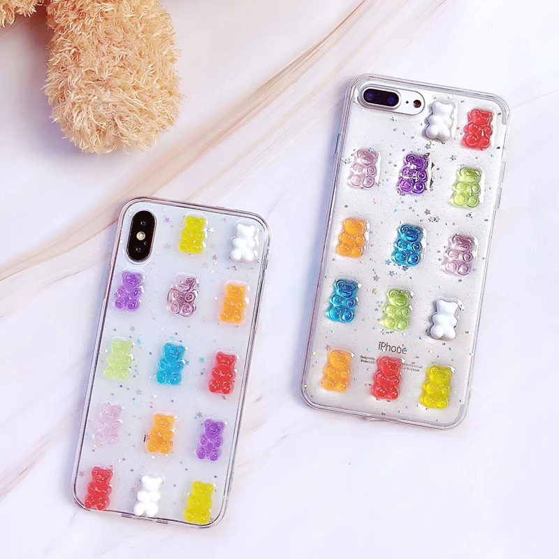 

For iPhone X Case 3D Gummy Bear Candy Color Soft Cases For iPhone X 6 6S 7 8 Plus XS Max XR Xs Glitter TPU Bear Back Cover