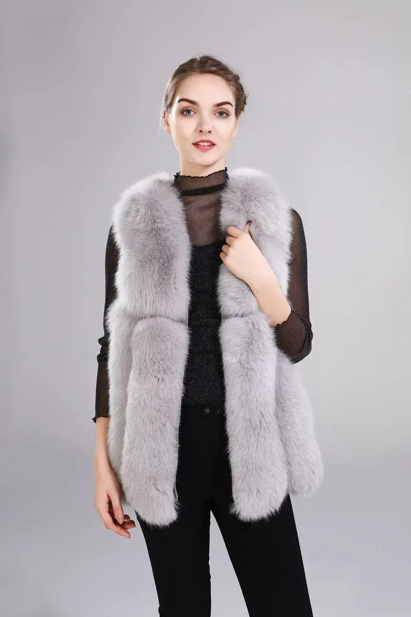 Excellent New arrival lady natural fox fur vest real fur waistcoat thick warm fashion medium long jacket 18