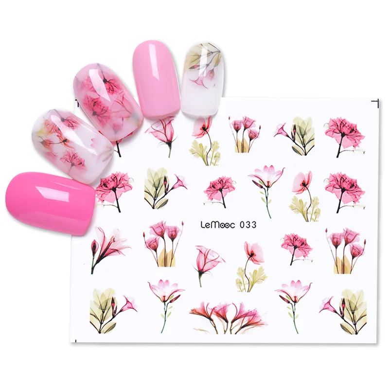1 лист розовый цветок зеленые листья перо передача воды слайдер для маникюра ногтей Декоративная наклейка для ногтей - Цвет: Pattern 29