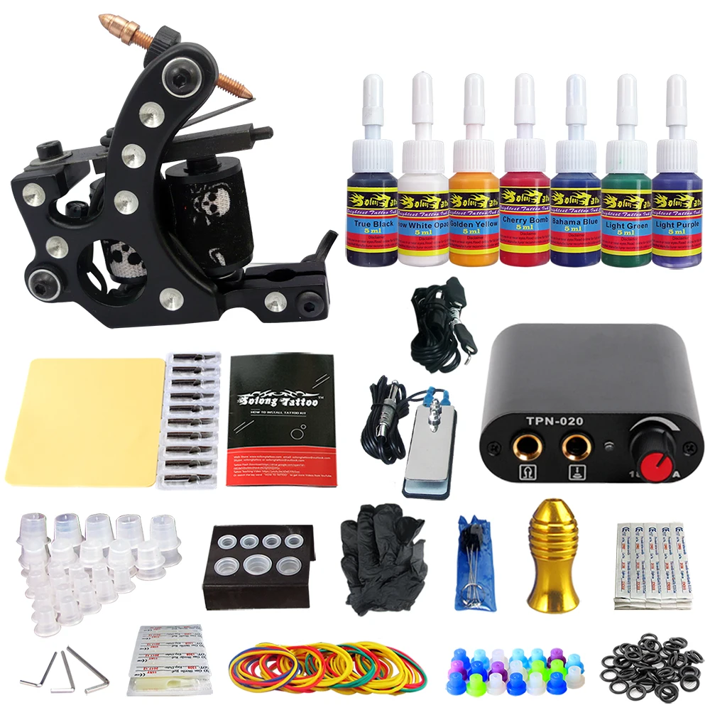 

Solong Tattoo Machine Kit Complete Set Aluminium Grip Power Supply Foot Padel Switch Cartridge Needles TK105-39