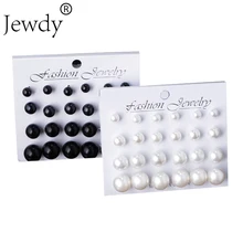 Sunshine fashion White Pearl piercing Stud Earrings 6mm 8mm 10mm 12mm Mix Size 1 card 12