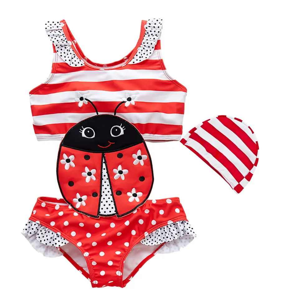 Купальный костюм для новорожденных с шапками, Летний солнечный костюм для девочки, купальный костюм без рукавов с рисунком из мультфильма, купальная одежда, Цельный купальник для девочек - Цвет: 2T