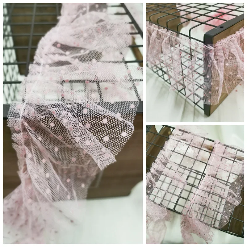 

9cm Wide Pink Dot Fold Wrinkle Ruffled Tulle Lace Decor Ribbon Collar Applique Sewing Supplies Neckline Wedding Edge Decorative