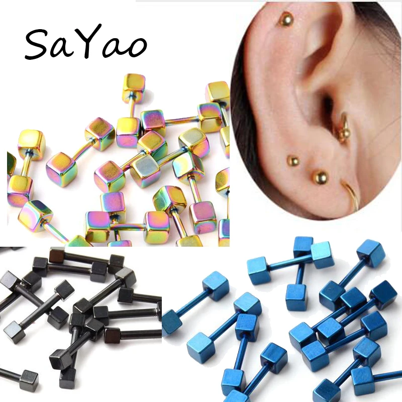 

SaYao 2Piece Free Shipping Fashion Square Tragus Ear Piercing Nail Earring Stainless Steel Industrial Barbell Body Jewelry