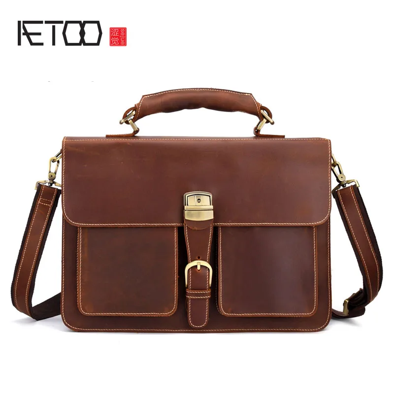 AETOO Retro leather men's large-capacity briefcase head laptop bag crazy horse skin 16 inch computer Messenger bag