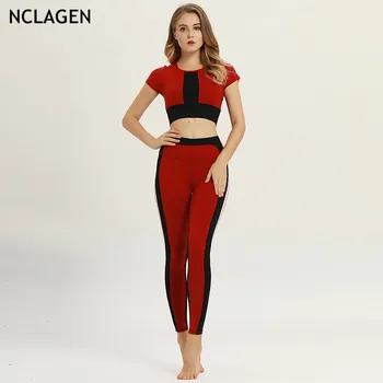 

NCLAGEN New Contrast Color Yogaing Sportswear GYMs Suit Set For Women Cropped Tops Tanks T Shirts & Booty Leggings Outfits Set