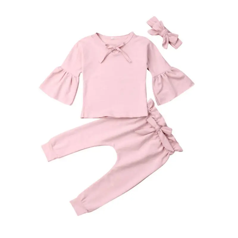 

Autumn Spring Clothes For Kids Children Clothes Set Baby Girl Warm Solid Color Flared Sleeve Tops+Pants 3PCS Outfit Set
