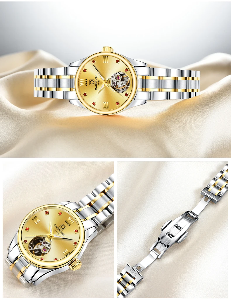 

Carnival Women Watches Hollow Mechanical Watch Stainless Steel Sapphire Waterproof Wristwatch relogio feminino ladies
