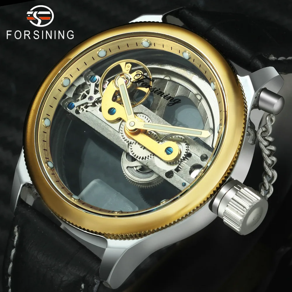 

FORSINING Top Brand Luxury Golden Bridge Mechanical Watch Men Genuine Leather Strap Fashion Business Wristwatch for Man Gift