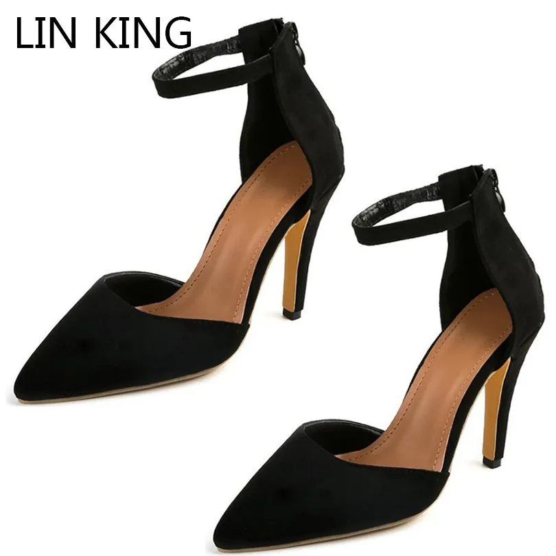 

LIN KING Sexy Thin Heel Women Pumps Pointed Toe High Heels Sandals Zipper Summer Shoes Lady Business Office Work Shoes Plus Size