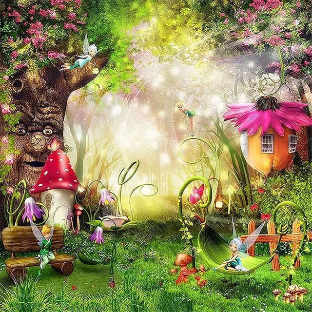 

200X150CM Fairytale Wonderland Enchanted Forest Background Old Tree Flowers Mushrooms Baby Girl Birthday Party Backdrop