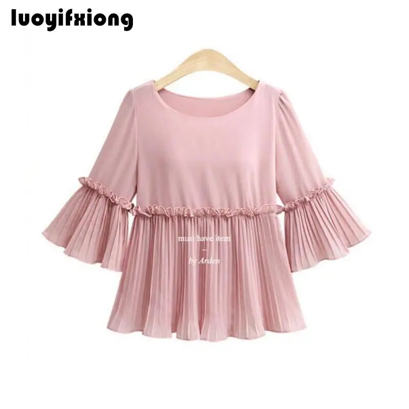 

4XL 5XL Women Chiffon Blouse 3/4 Flare Sleeve Pleated Womens Tops and Blouses Loose Casual Plus Size Shirt Blusas Femininas 2019