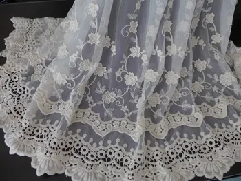 

Beige Lace Fabric, Double Flowers Embroidered Lace, Soft Cotton Tulle Fabric, Wedding Curtains Fabric Supply