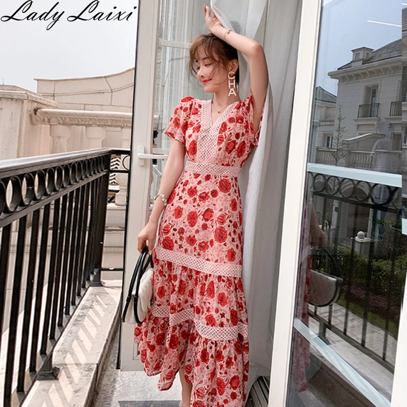 

2019 Summer Runway Desigher dress High quality Women's Short sleeve Floral Printed chiffon Patchwork Lace Hollow Out Dress