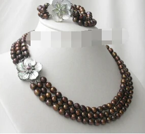 

huij 003763 3strands gold FW pearl Necklace&Bracelet set flower