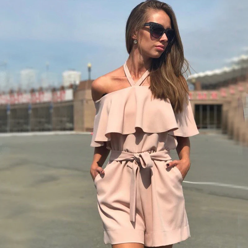 

Women Off The Shoulder Ruffles jumpsuit Sexy bodysuit Hanging Neck Solid Casual Playsuits 2019 Summer Fashion Short Rompers