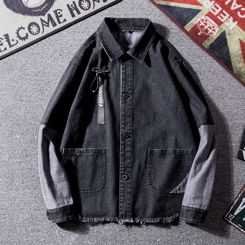 

Trendy Denim Jacket Sleeve Patchwork Jeans Jackets Back Printing Turn-Down Collar Webbing Design Denim Jacket Coat