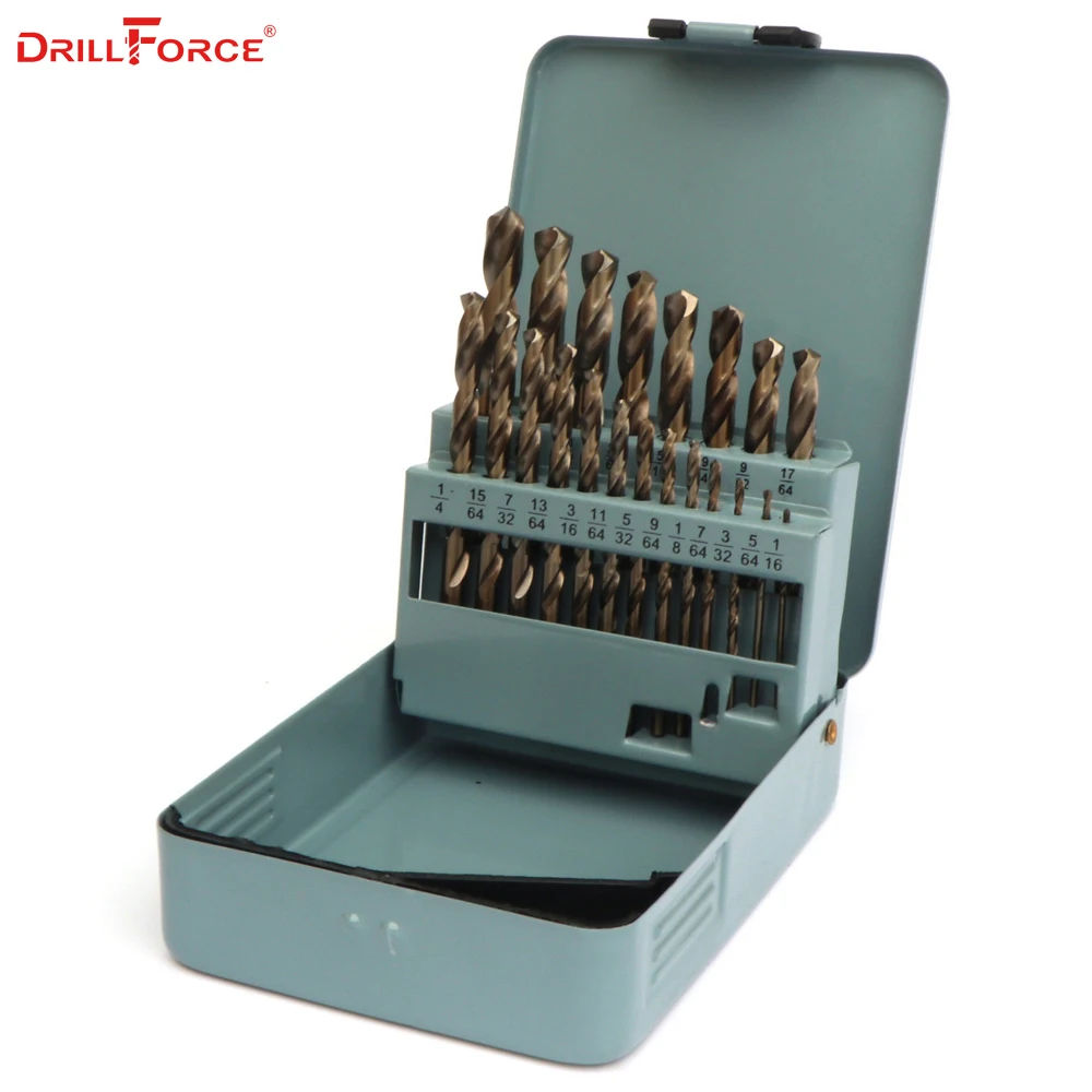 

Drillforce 21PCS 1/16"-3/8" HSS Twist M35 Cobalt Hand Drill Bit Wood Woodworking Tools Set for Metal Drilling Round Shank