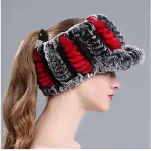 Мода Пустой Топ Шапки для зимы кролика рекс Мех шляпа Для женщин вязаный полосатый утолщаются дамы холодной шапочки Теплый Кепки капот femme