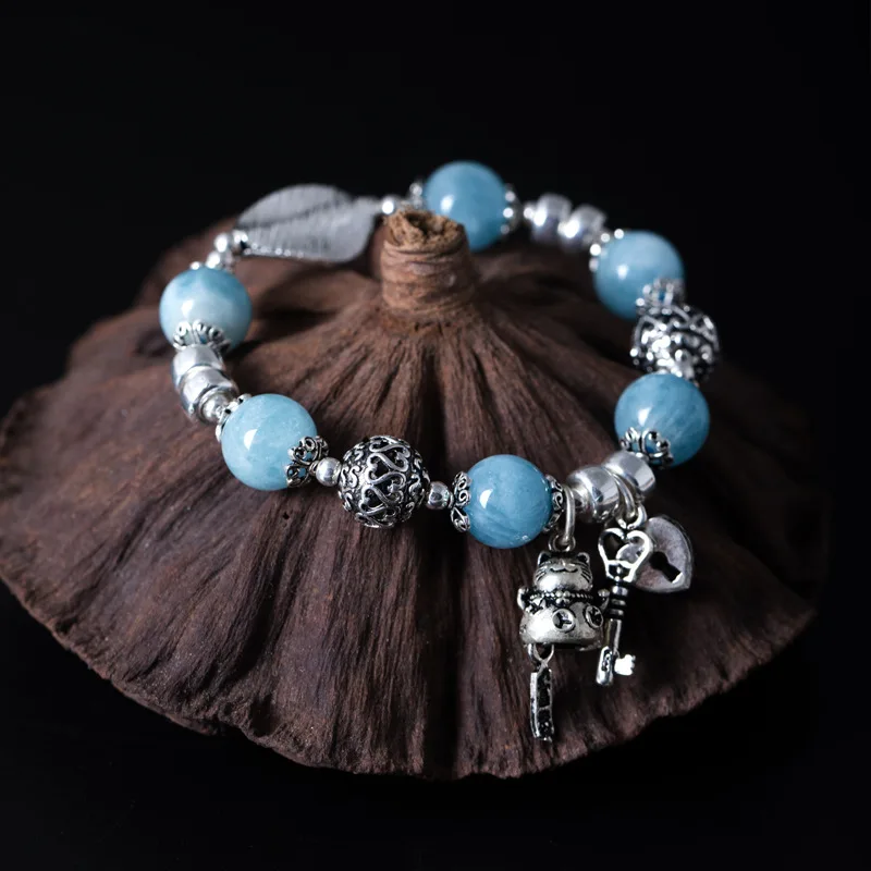 

Quanlity 925 sterling silver natural amazonite bracelets big leaf lucky cat fashion do old heat lock 2018 charms fine jewelry