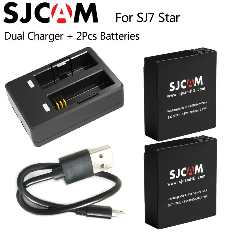 Original SJCAM SJ7 Star Dual Charger 2pcs SJCAM Batteries 1000mAh Rechargeable Li ion Battery for SJ7