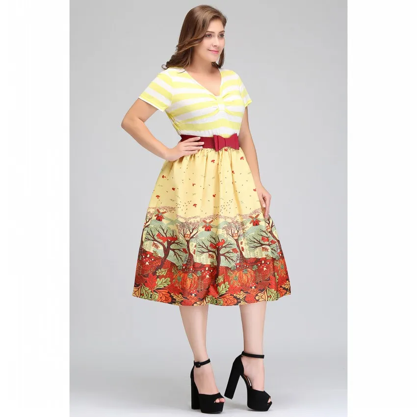 Женское ретро платье 50s 60s Винтаж рокабилли Свинг feminino vestidos размера плюс 3XL 4XL с коротким рукавом полосатое Платье с принтом