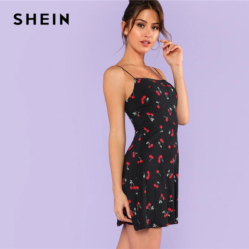 SHEIN كل انحاء الكرز طباعة كامي اللباس النساء السباغيتي حزام أكمام سستة نهاية الأسبوع فستان كاجوال 2018 فضفاض قصيرة اللباس