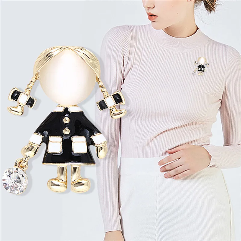 

Small Cute Girl Brooches For Women Opal And Rhinestone Brooch Pin Black Color Dress Coat Accessories Fashion Gift