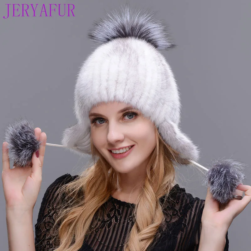 Jeryafur зима Женская норковая шапка шляпу, чтобы защитить уши из норки и песца ручной работы Лыжная шапка мех Подготовка теплые - Цвет: COLOR003