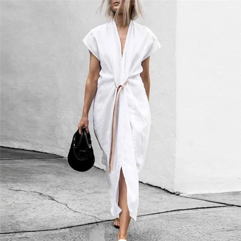 Women Summer Formal Full Length Short Sleeve V Neck Belted Shirt Dress Mini Linen Shirt Dress 2019 New Style Dress 40MA15 (13)