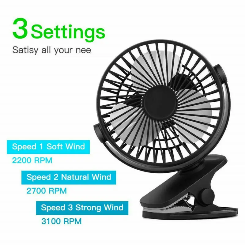  New USB Fan Desk 360-Degree Rotation Adjustable Rechargeable 3 Speed Clip On Mini Desk Pram-Cot For